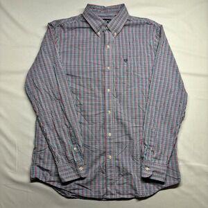 Chaps Mens Stretch Easy Care Gingham Button Down Shirt Red Blue Large